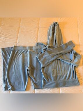 Juicy Couture Light Blue Velour Rhinestone Logo Hoodie and Pants Set